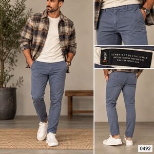 Combatant Gentlemen Slim Fit Chinos Steel Blue Cotton Stretch Pants 34x30 0492